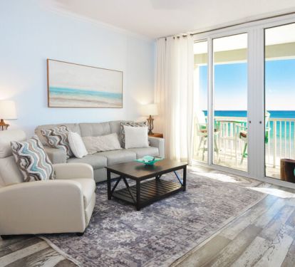 Living Room with Balcony - Waters Edge Resort unit 613 Okaloosa Island Fort Walton Beach Vacation Rentals by Sunset Resort Rentals