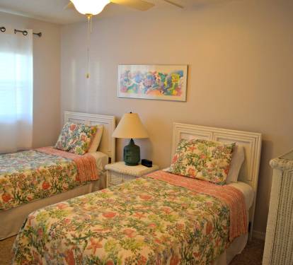 Twin beds in the guest bedroom also has a flat screen television.