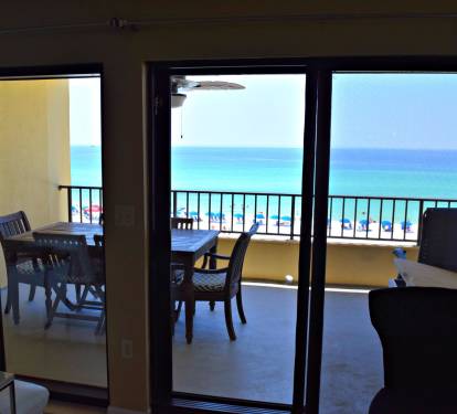 View from just inside the living room glass doors to the huge 30' beach front balcony.