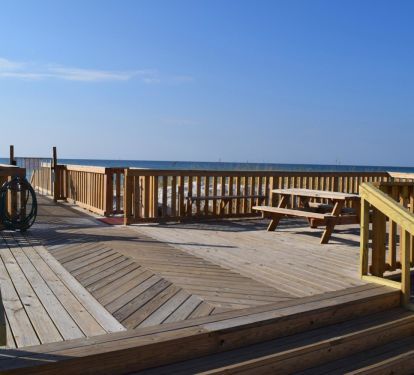 From the pool deck, past the grill and shower, to the beach!