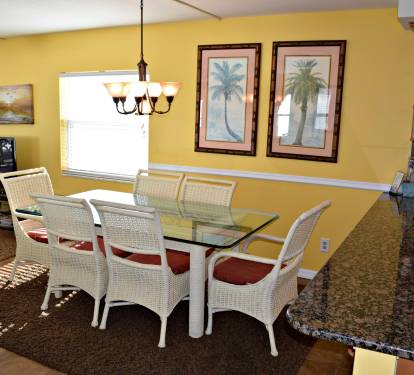 Large comfortable dining room, table, and chairs, just perfect for the six of you.