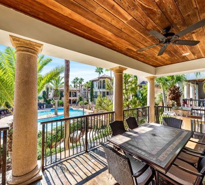 Outdoor 2nd floor balcony provides terrific views of the Saint Tropez pool and a melody of cascading waters from the fountain below.