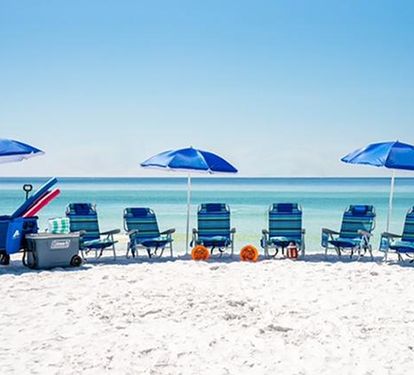 VACAY ESSENTIALS INCLUDED YEAR-ROUND: 6 Beach Chairs, 3 Umbrellas, Cooler & Beach Wagon