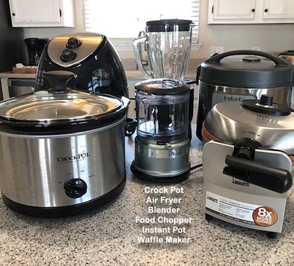 Crock  pot, air fryer, blender, toaster, food chopper, instant pot & waffle maker plus all the cookware you need!