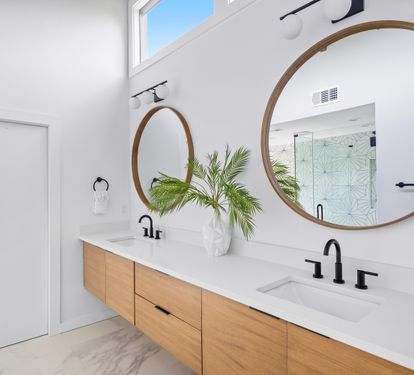Primary bedroom double vanity quartz