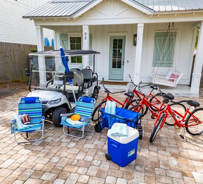 6 Seat Golf Cart and Beach Gear Galore Including Beach Wagon, Beach Cooler, 6 Beach Chairs, 3 Umbrellas, Football and Frisbee!!