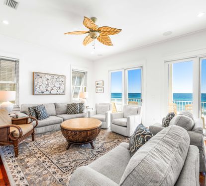 Kick back, relax, & take in these views!  Dine with a view or lounge with a breeze in the 2nd 
 floor great room — your call.   Spacious living/dining area, chef's kitchen, 50" tv,  expansive views of the Gulf, covered balcony the width of the home on all