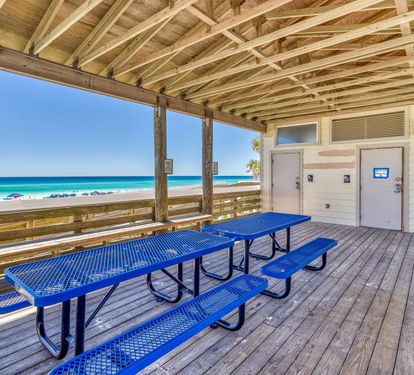 Hutchinson Street Beach Access has a covered pavilion and restrooms. This is also where your complimentary beach service is located
