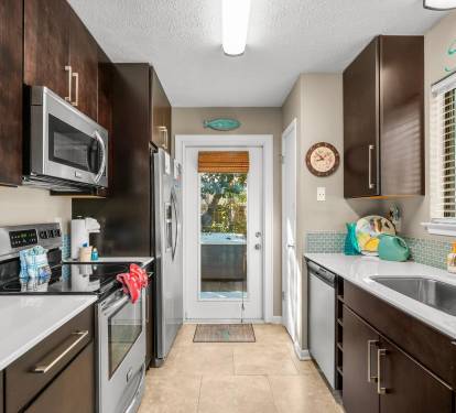 Kitchen is equipped with Stainless steel appliances,dishware and small appliances include coffee maker and Keurig 