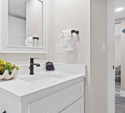 Step into your pristine bathroom featuring elegant white marble countertops, modern fixtures, and thoughtful touches like fresh succulents to brighten your morning routine.