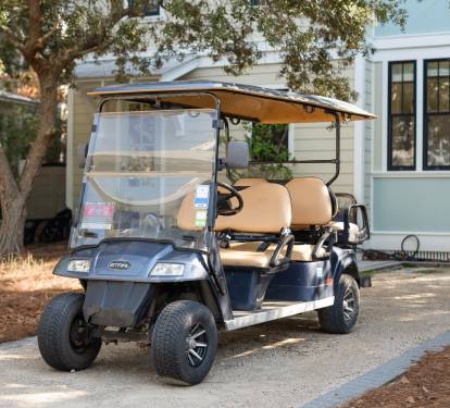 Golf cart available for convenient travel around the property grounds and nearby areas.
