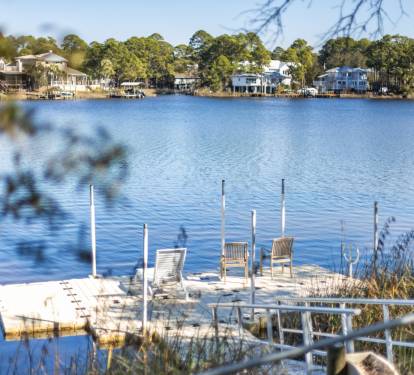 Peaceful lakefront setting with waterfront homes dotting the tree-lined shore across calm blue waters.