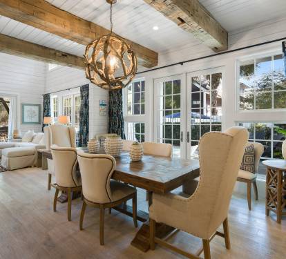 Gather around your stunning farmhouse dining table, where rustic beams meet coastal elegance for memorable meals together.