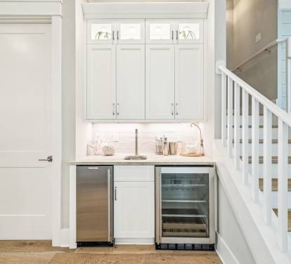 Fully Stocked Wet Bar Off the Kitchen - Stand-Alone Ice Maker + Wine Cooler