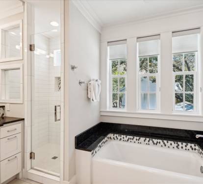 Shared Guest Bathroom - Dual Vanities, Walk-In Shower & Soaking Tub