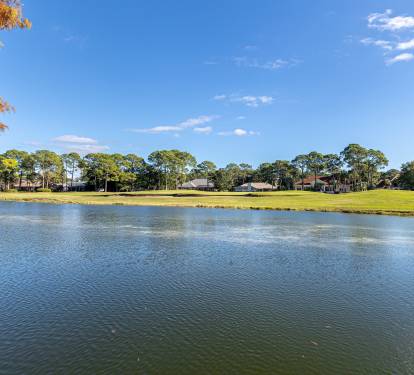 Peaceful lake surrounded by autumn foliage and residential homes creating a serene neighborhood setting.