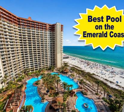 Lagoon-style resort pool and Gulf-front beach views at Shores of Panama in Panama City Beach. A guest favorite for relaxing, swimming, and enjoying the Emerald Coast.