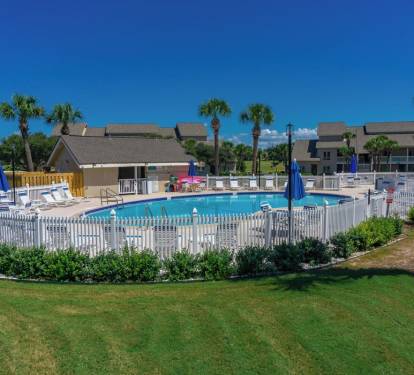 Resort-style pool area with lounge chairs, umbrellas and palm trees, perfect for sunny, relaxing days.