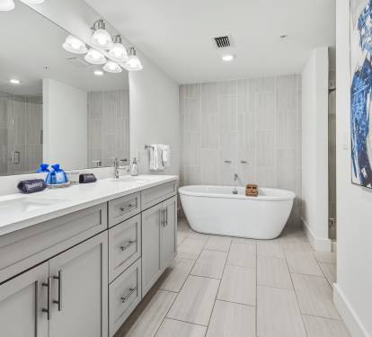 Unwind in your luxurious spa-like bathroom featuring a deep soaking tub and elegant vanity with modern finishes.