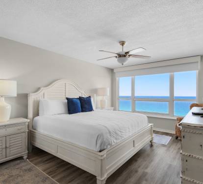 Wake to endless gulf views from your bed—calming coastal decor, crisp linens, and the soothing sounds of waves set the stage for your perfect beach escape.