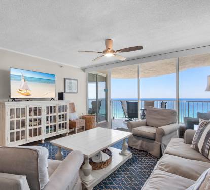 Sink into plush sofas and let the endless turquoise horizon melt your stress away through panoramic glass doors opening to your private oceanfront balcony.