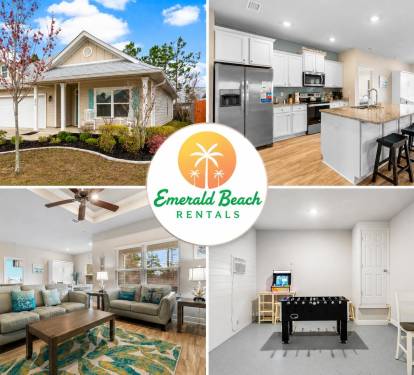 Villa Bay vacation rental near 30A featuring a bright exterior, open kitchen, comfortable living room, and game room. This Emerald Beach Rentals home offers a clean, spacious place to relax close to the beach.