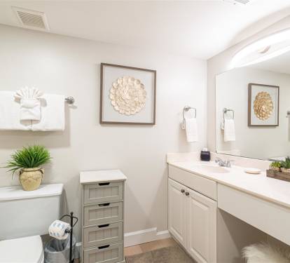 Relax in your beautifully appointed bathroom featuring elegant coastal artwork, thoughtful storage, and charming plant accents.