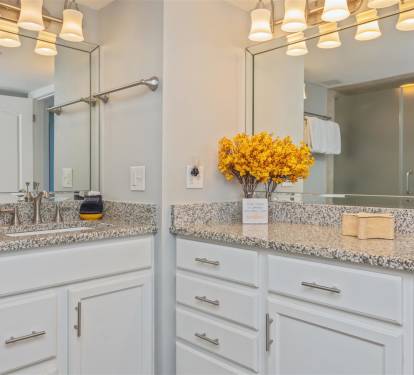 Your bright bathroom features dual vanities, granite counters, and warm lighting to start your mornings perfectly.