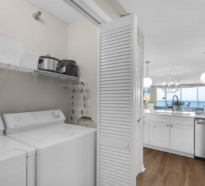 Your in-unit washer and dryer make vacation life effortless, with convenient shelving for laundry essentials