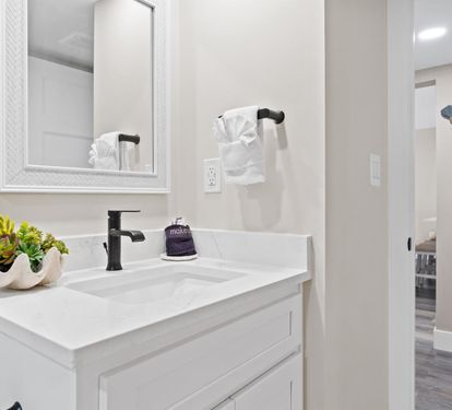 Step into your pristine bathroom featuring elegant white marble countertops, modern fixtures, and thoughtful touches like fresh succulents to brighten your morning routine.