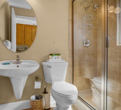 Poolside Cabana Bathroom with Walk-In Shower