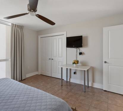 Your bright bedroom features modern comforts with a ceiling fan, wall-mounted TV, and dedicated workspace for both rest and productivity.