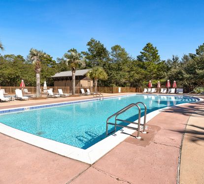 Sparkling pool surrounded by palm trees and lounge chairs where you can soak up the sun and unwind in paradise.