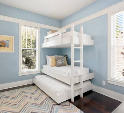 Your kids will love their bright bedroom with custom bunk bed and trundle, perfect for sleepovers and adventures.