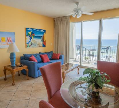 Living room with a view of the ocean.