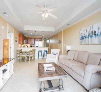 Wharf 713 Living Room and Open Floor Plan to Dining and Kitchen