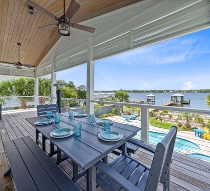 His & Hers Lagoon Front Back Deck with Outdoor Dining for 6