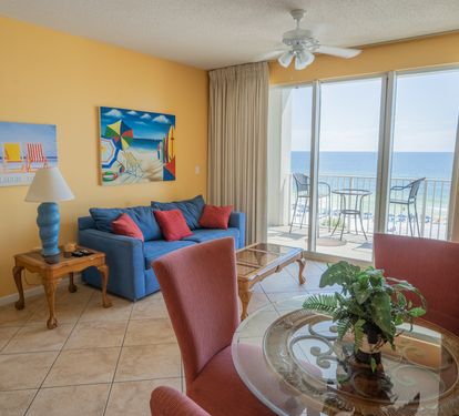 Living room with a view of the ocean.