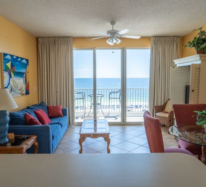 Living room with a view of the ocean.