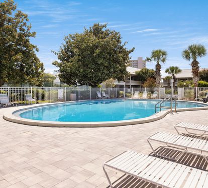 Take a refreshing dip in your community oval pool, surrounded by comfortable loungers and tropical palms for the perfect sunny getaway.