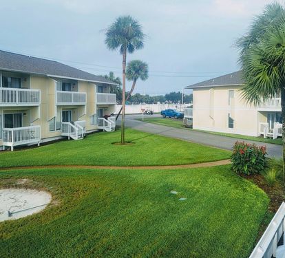 Tropical resort buildings feature white balconies amid lush palm trees and manicured lawns in this peaceful Florida-style setting.