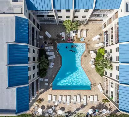 Resort-style pool oasis with loungers, palms & sunshine—perfect for relaxing just steps from your door.