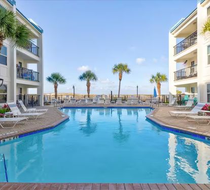 Resort-style beachfront pool surrounded by palms and loungers—relax and soak in the coastal views just steps from the beach.