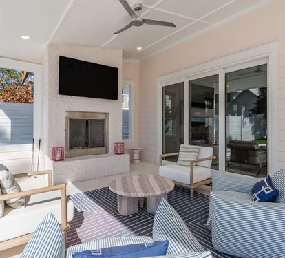 Unwind in your private covered patio with cozy seating, warm fireplace, and flat-screen TV—perfect for relaxing evenings outdoors.