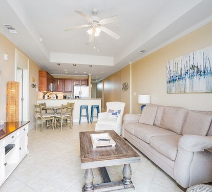 Wharf 713 Living Room and Open Floor Plan to Dining and Kitchen
