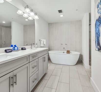 Unwind in your luxurious spa-like bathroom featuring a deep soaking tub and elegant vanity with modern finishes.