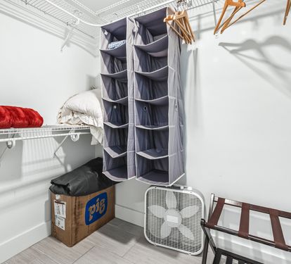 Your walk-in closet offers generous hanging space, wire shelving, and fabric organizers to keep your belongings perfectly arranged during your stay.