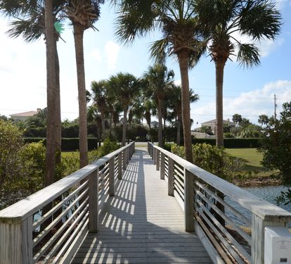 Wooden walkway leading to a pond.