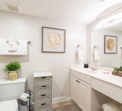 Relax in your beautifully appointed bathroom featuring elegant coastal artwork, thoughtful storage, and charming plant accents.