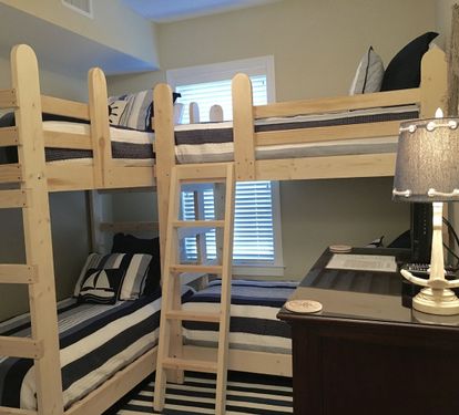 Bunk Room sleeps 4 in 2 Twin bunks one XL Twin the length of a queen bed, 80 in.